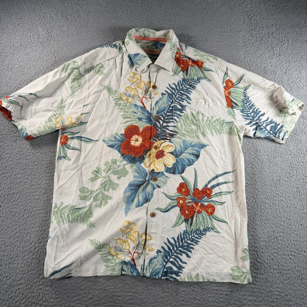 Tommy Bahama Silk Camp Shirt Mens Medium White Floral Tropical Aloha Button Down